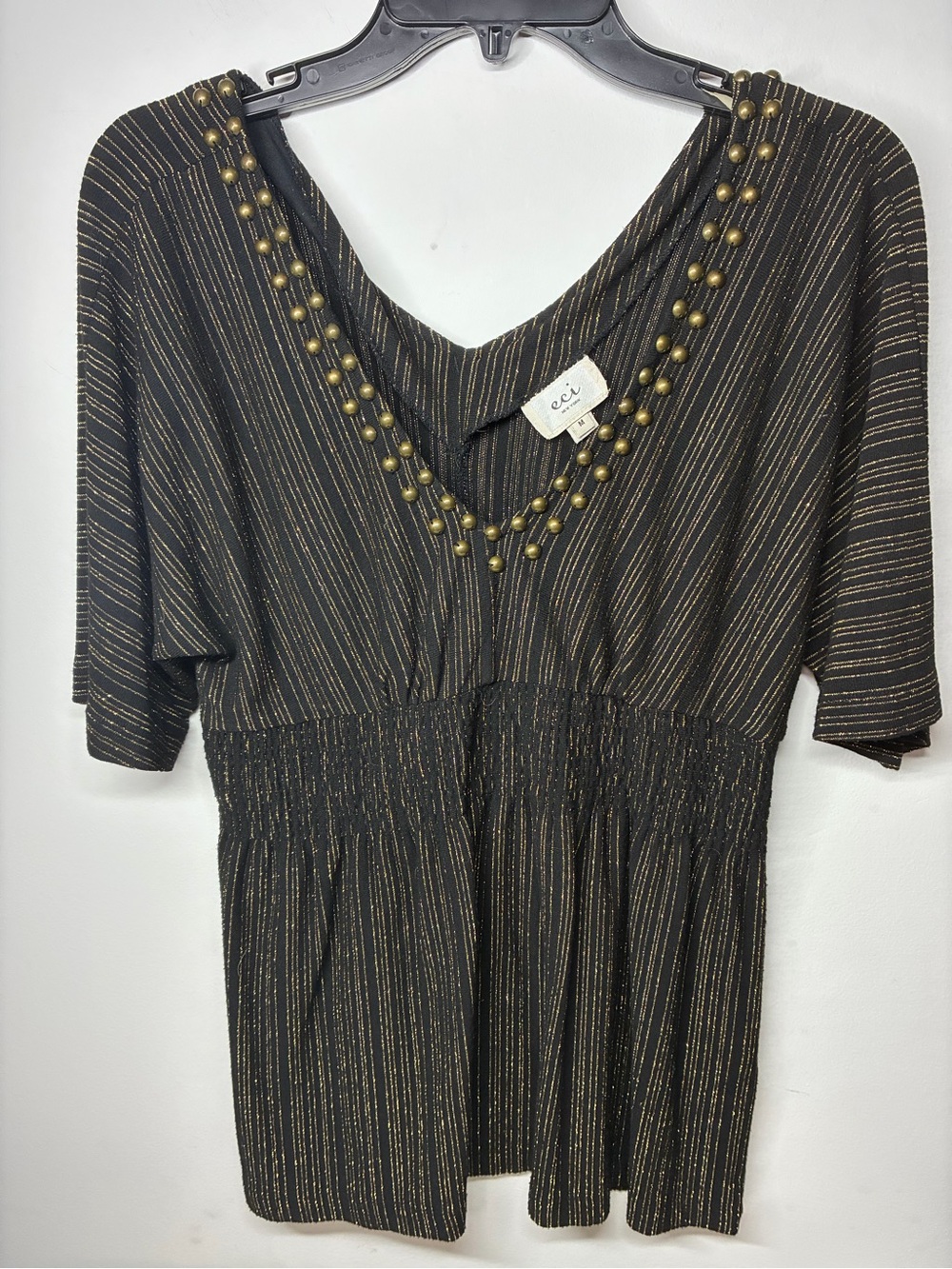 ECI Black Dress with Gold Pinstripe and Studded V-Neck